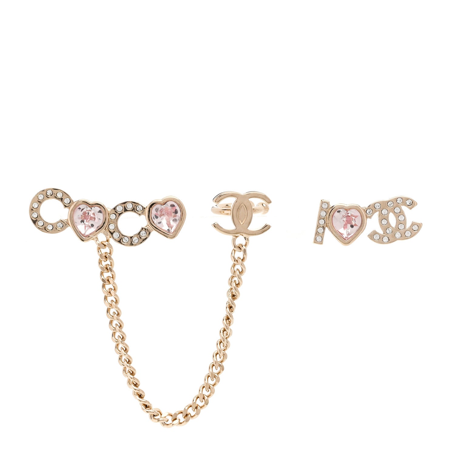 Chanel Metal Strass I Love Coco Heart Chain Climber Earrings Gold Pink 1 of 5