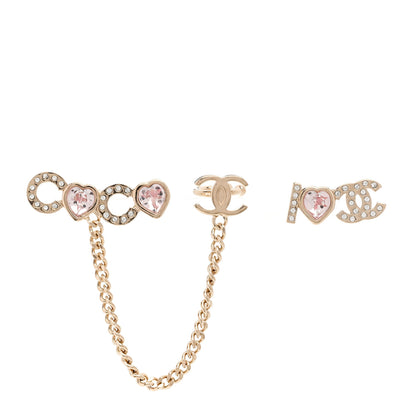 Chanel Metal Strass I Love Coco Heart Chain Climber Earrings Gold Pink 1 of 5
