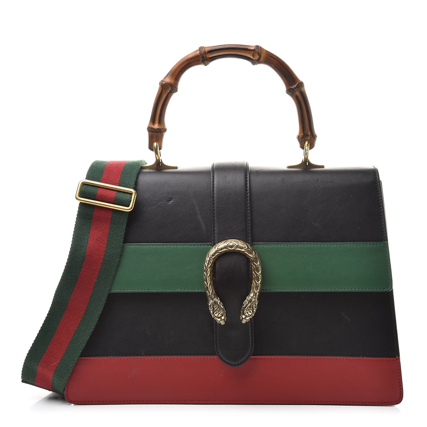 Gucci Calfskin Bamboo Web Large Dionysus Top Handle Bag Black Bright Evergreen Hibiscus Red 1 of 23