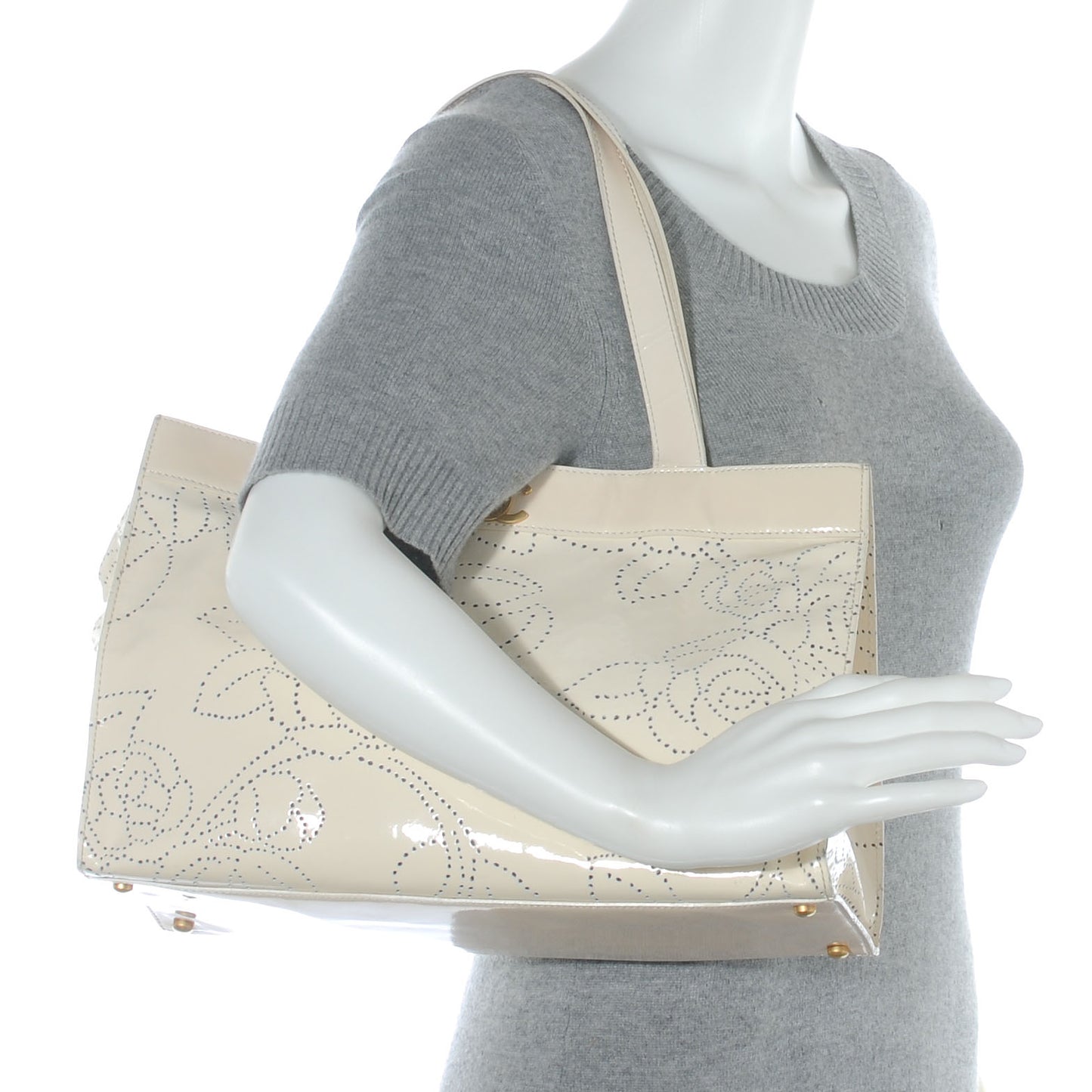 Patent Perforated Camellia Tote Ivory