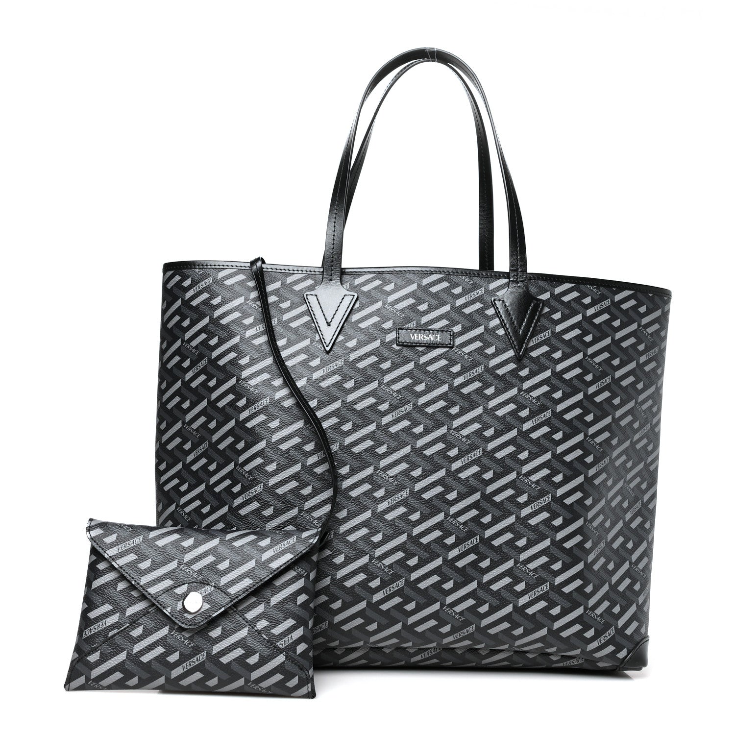 Versace Coated Canvas Calfskin La Greca Signature Shopper Tote Bag Black Grey 1 of 10