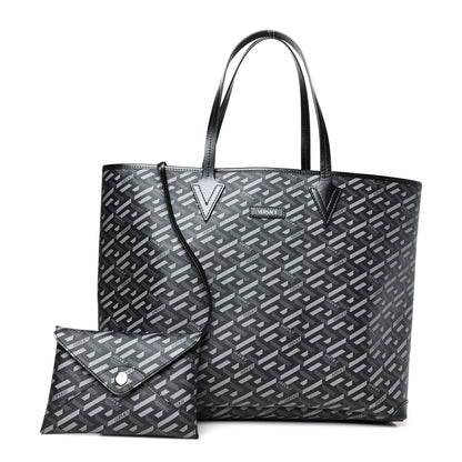Versace Coated Canvas Calfskin La Greca Signature Shopper Tote Bag Black Grey 1 of 10