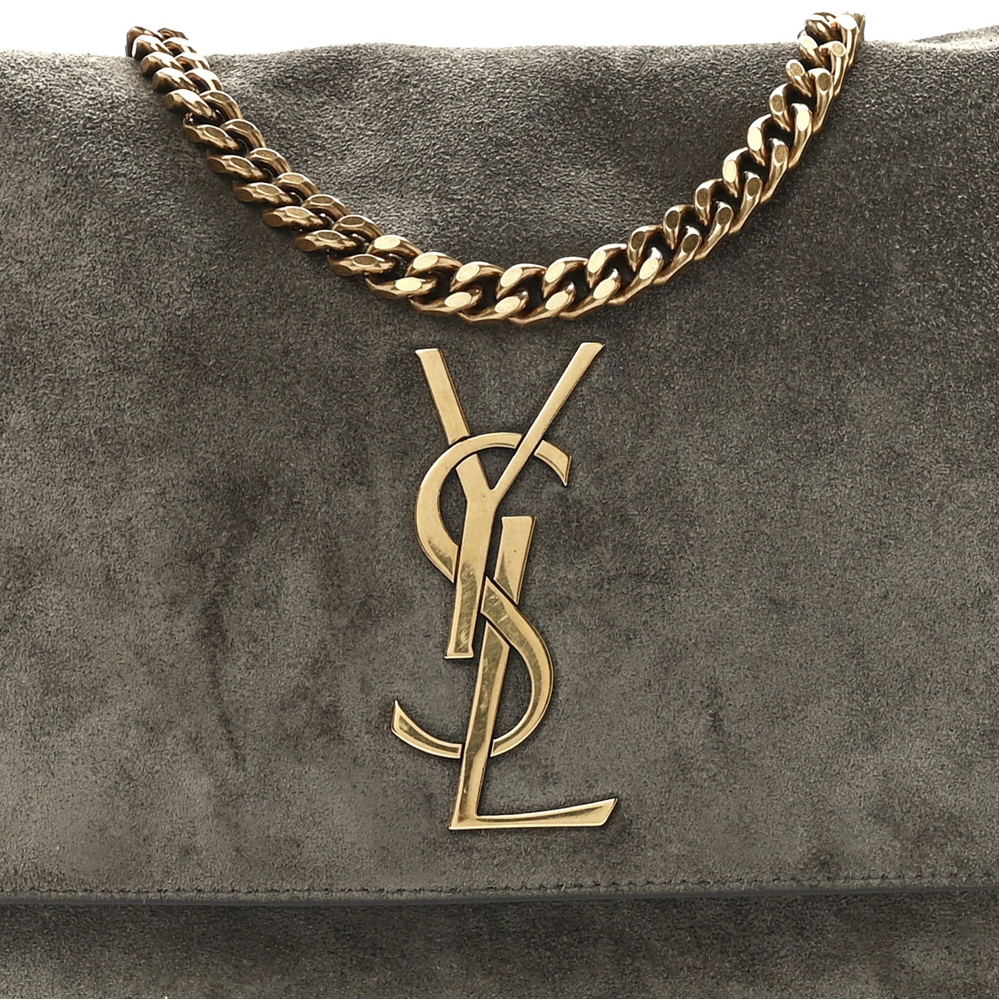 Smooth Calfskin Suede Medium Reversible Monogram Kate Satchel Grey Khaki