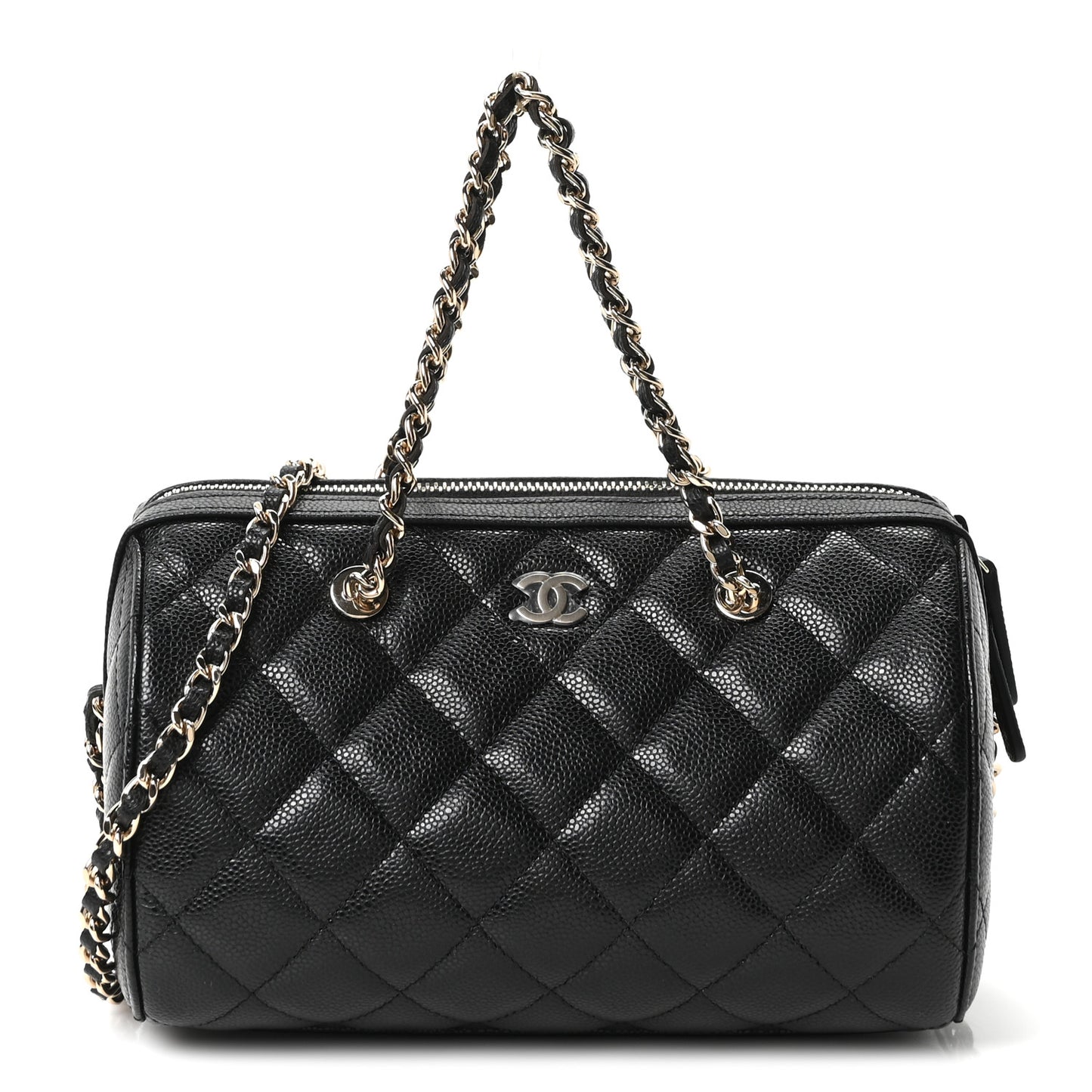 Caviar Quilted Barrel Clutch With Chain Black