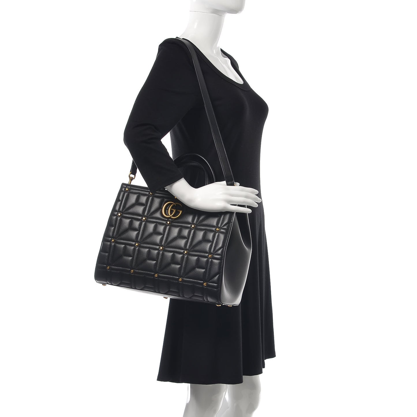 Calfskin Matelasse Studded Medium GG Marmont Tote Black