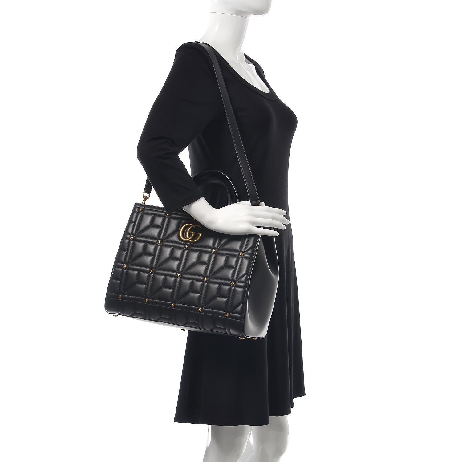Gucci Calfskin Matelasse Studded Medium GG Marmont Tote Black 2 of 7