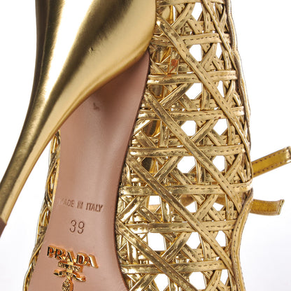 Prada Metallic Calfskin Woven Bow Peep Toe Pumps 39 Gold 14 of 17