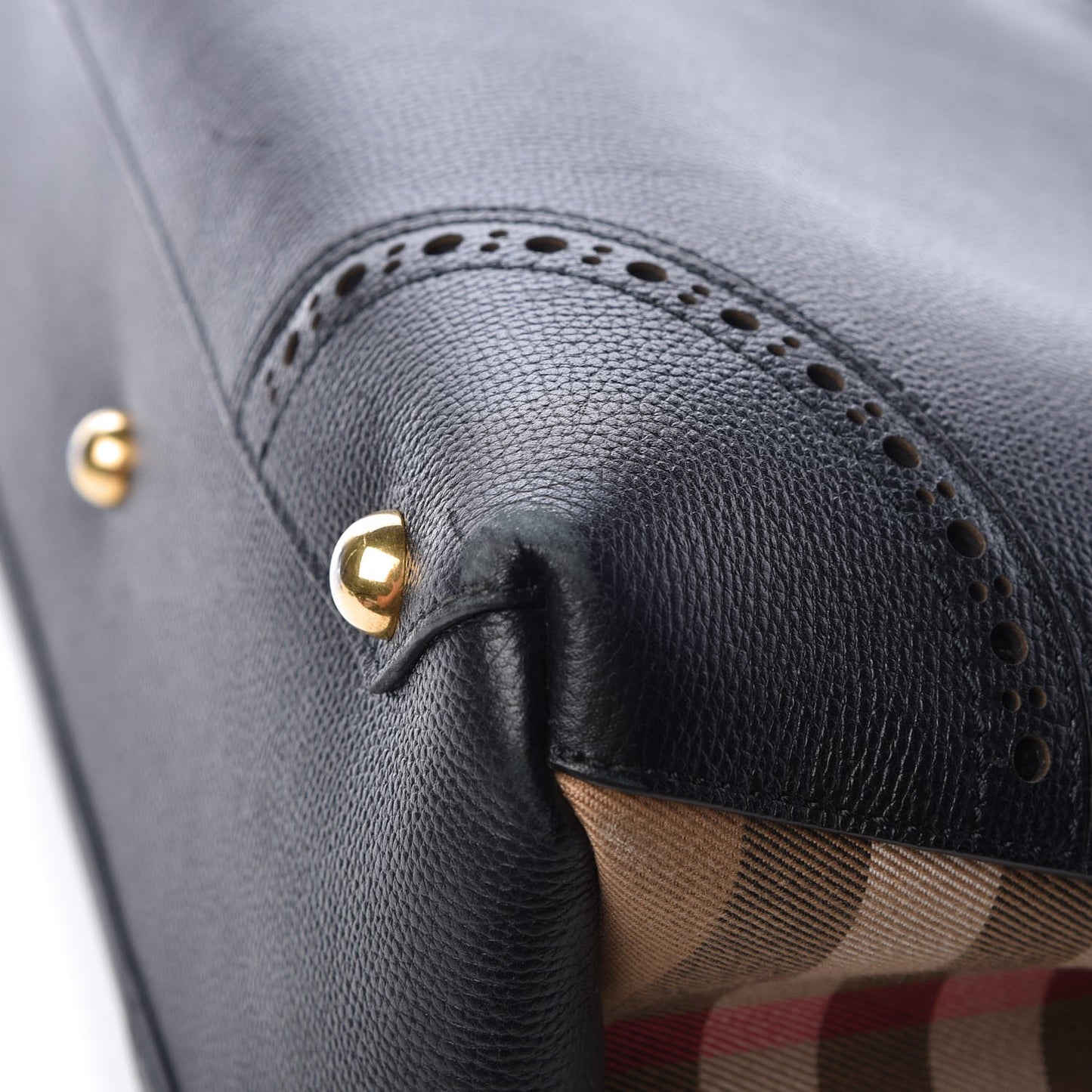 Grainy Calfskin Perforated House Check Medium Brogue Banner Tote Black