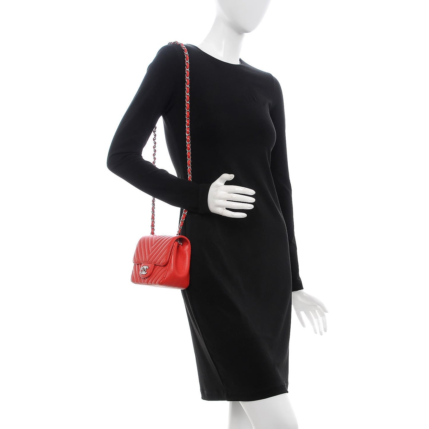 Caviar Chevron Quilted Mini Square Flap Red