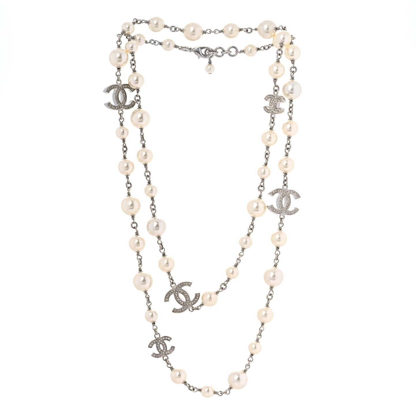 Graduated Pearl Crystal CC Long Necklace Silver