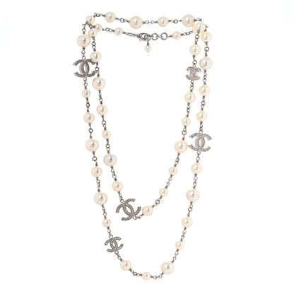 Chanel Graduated Pearl Crystal CC Long Necklace Silver 2 of 5