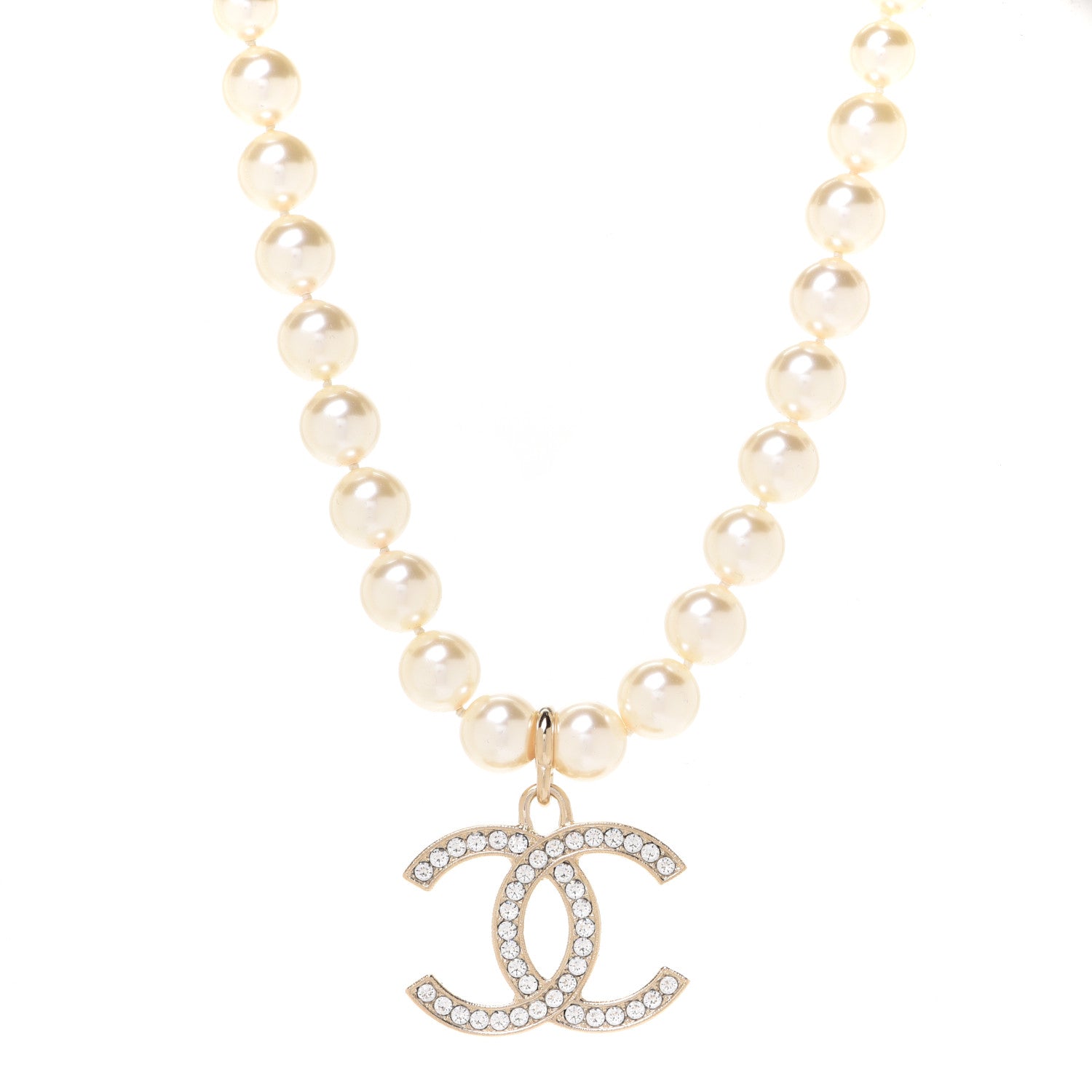 Chanel Pearl Crystal CC Airpods Necklace Gold 1 of 7