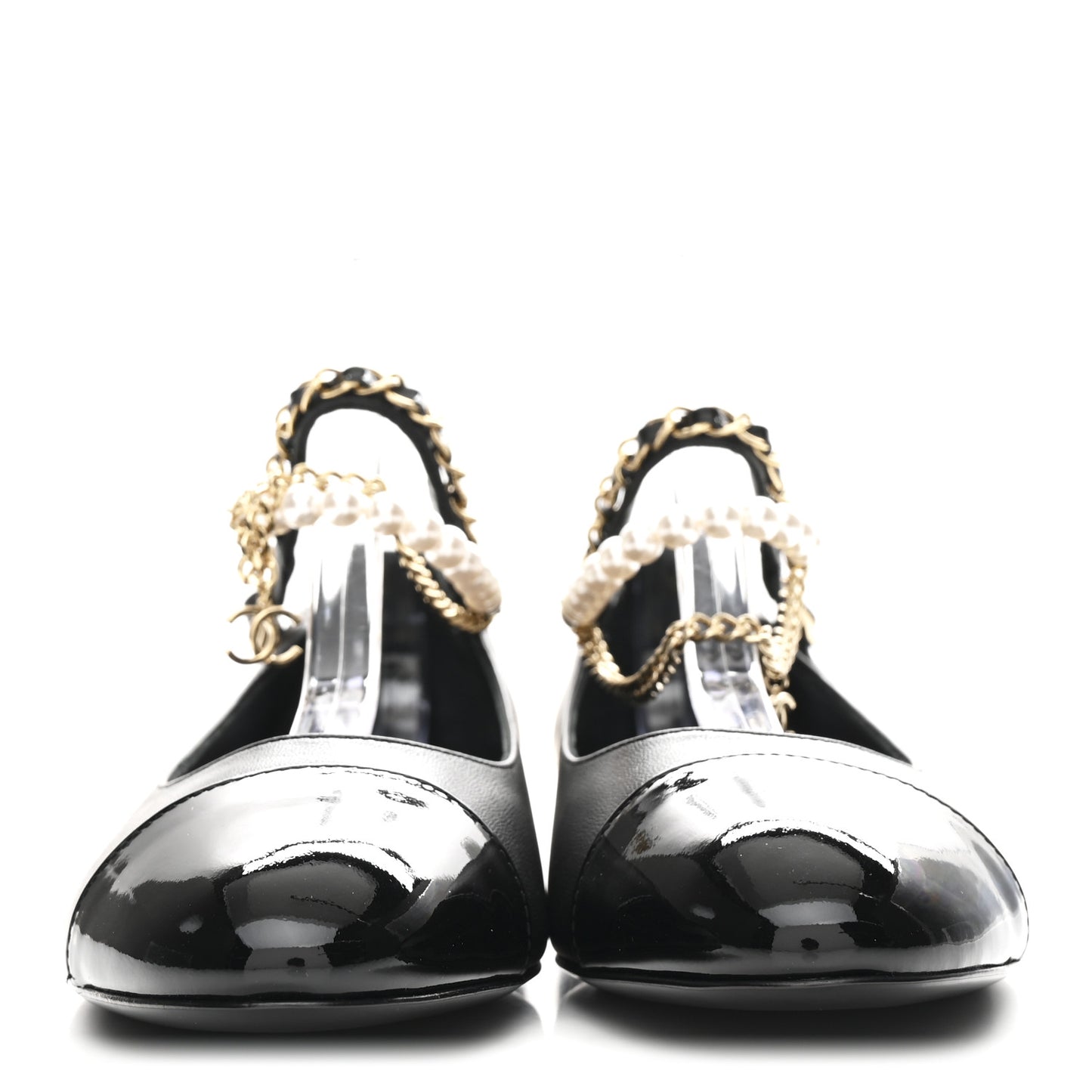 Shiny Lambskin Pearl Cap Toe Ankle Chain Ballerina Flats 37 Black