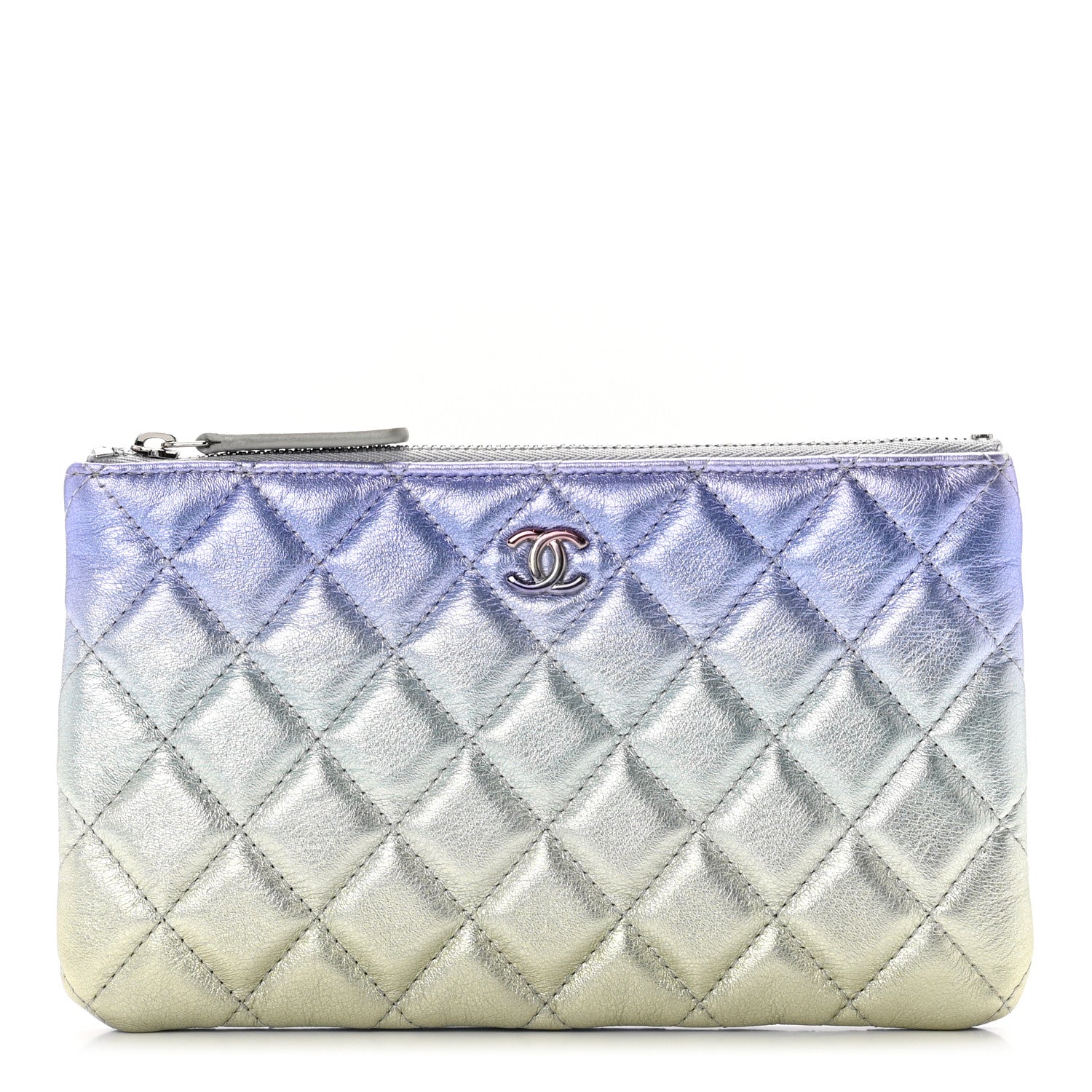 Chanel Gradient Metallic Calfskin Quilted Cosmetic Case Silver Blue Yellow Purple 1 of 6