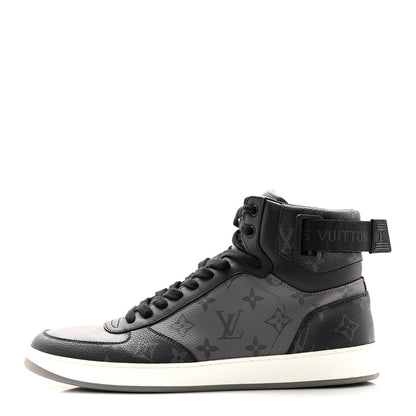 Louis Vuitton Calfskin Monogram Eclipse Mens Rivoli High Top Sneakers 9 Black Grey 1 of 12
