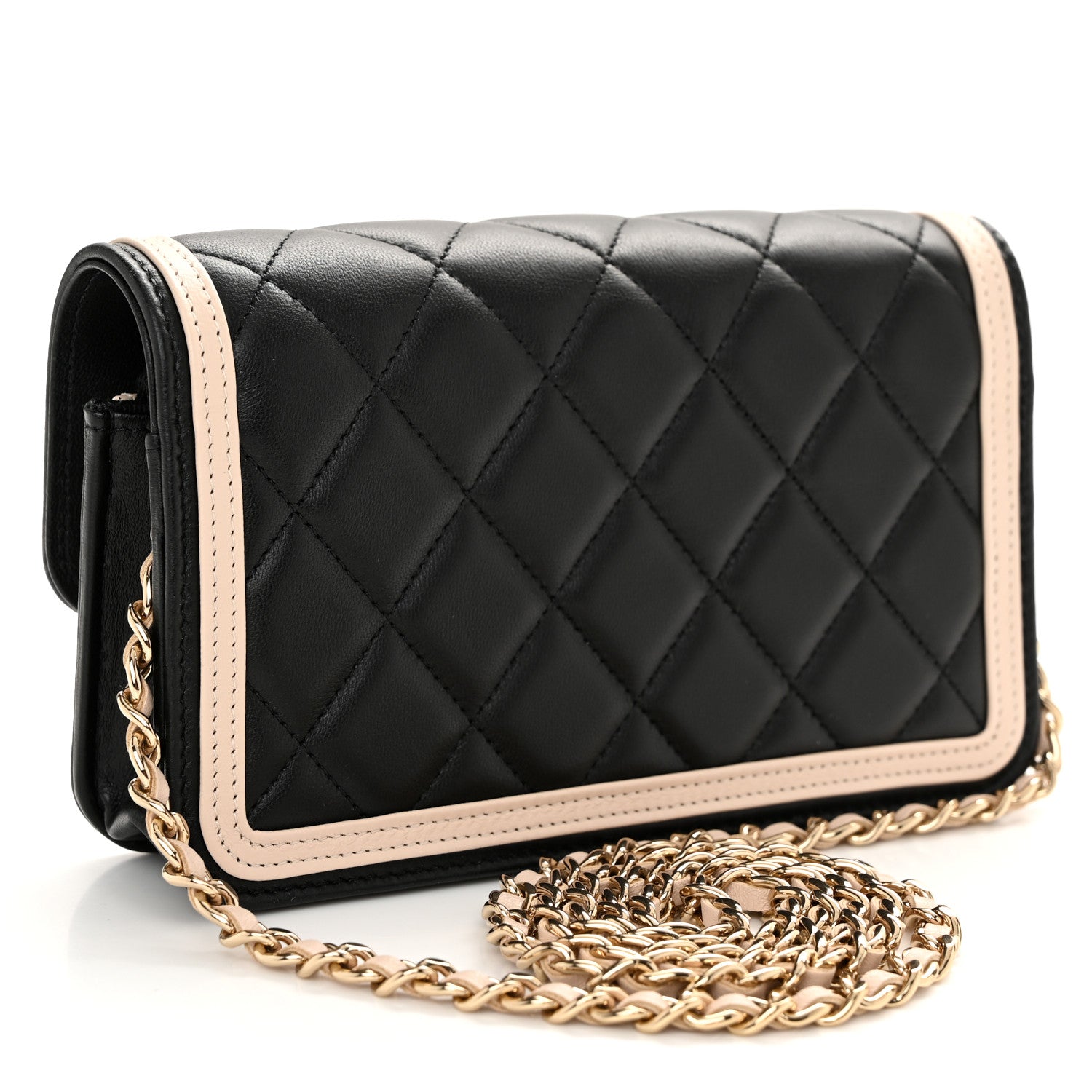 Chanel Lambskin Quilted Flap Phone Holder With Chain Black Beige Black Beige 3 of 12