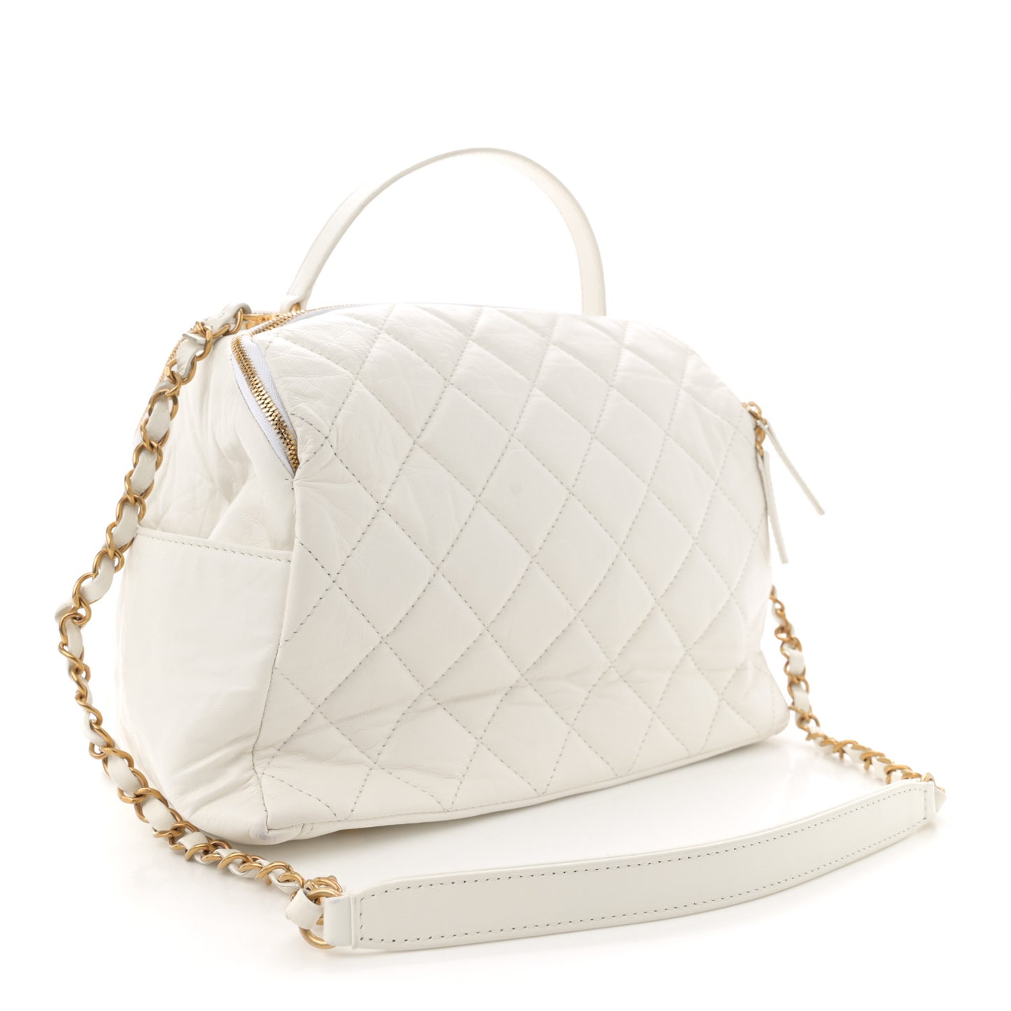 Aged Calfskin Quilted Double Sided Bowling Bag White