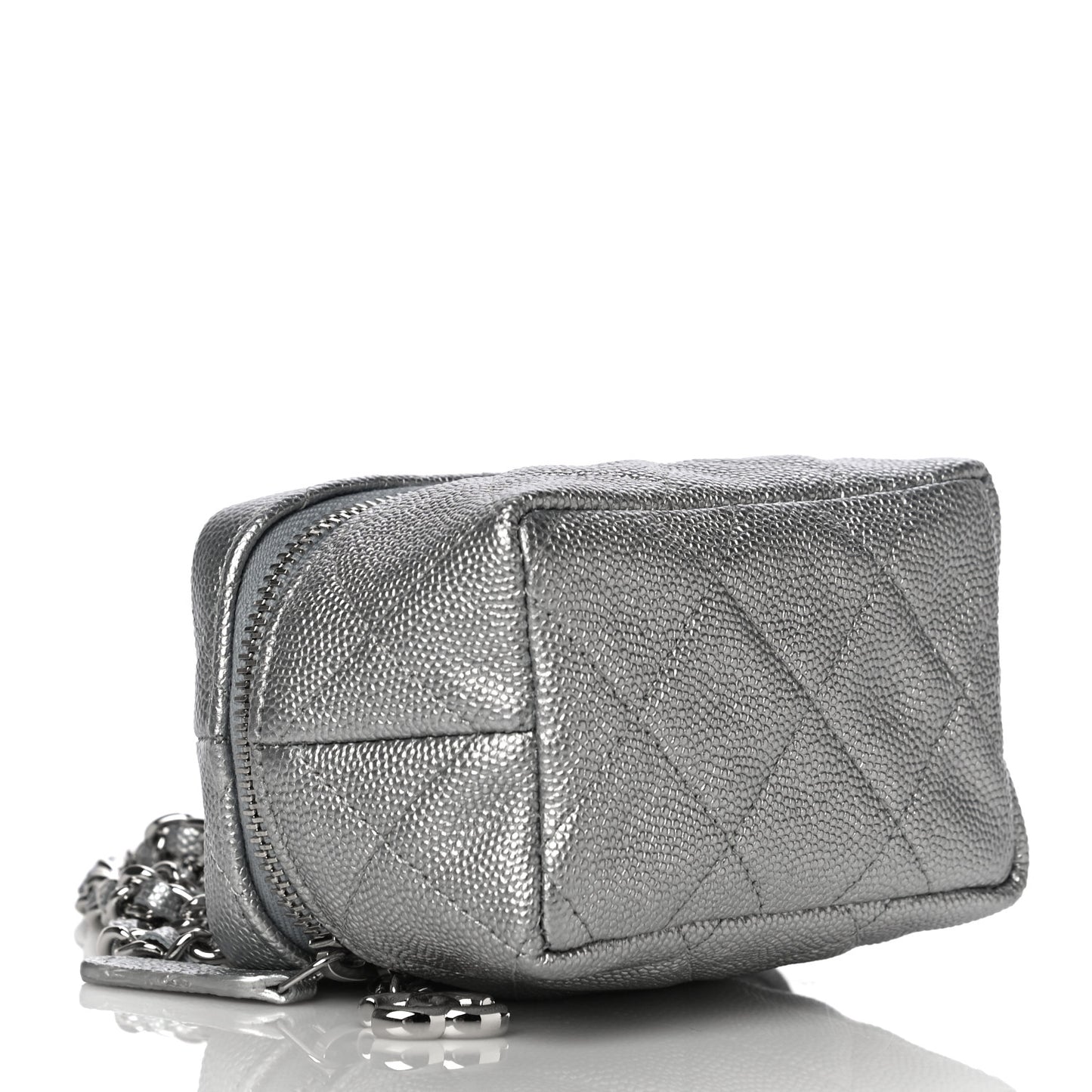 Metallic Caviar Quilted Mini Top Handle Vanity With Chain Silver