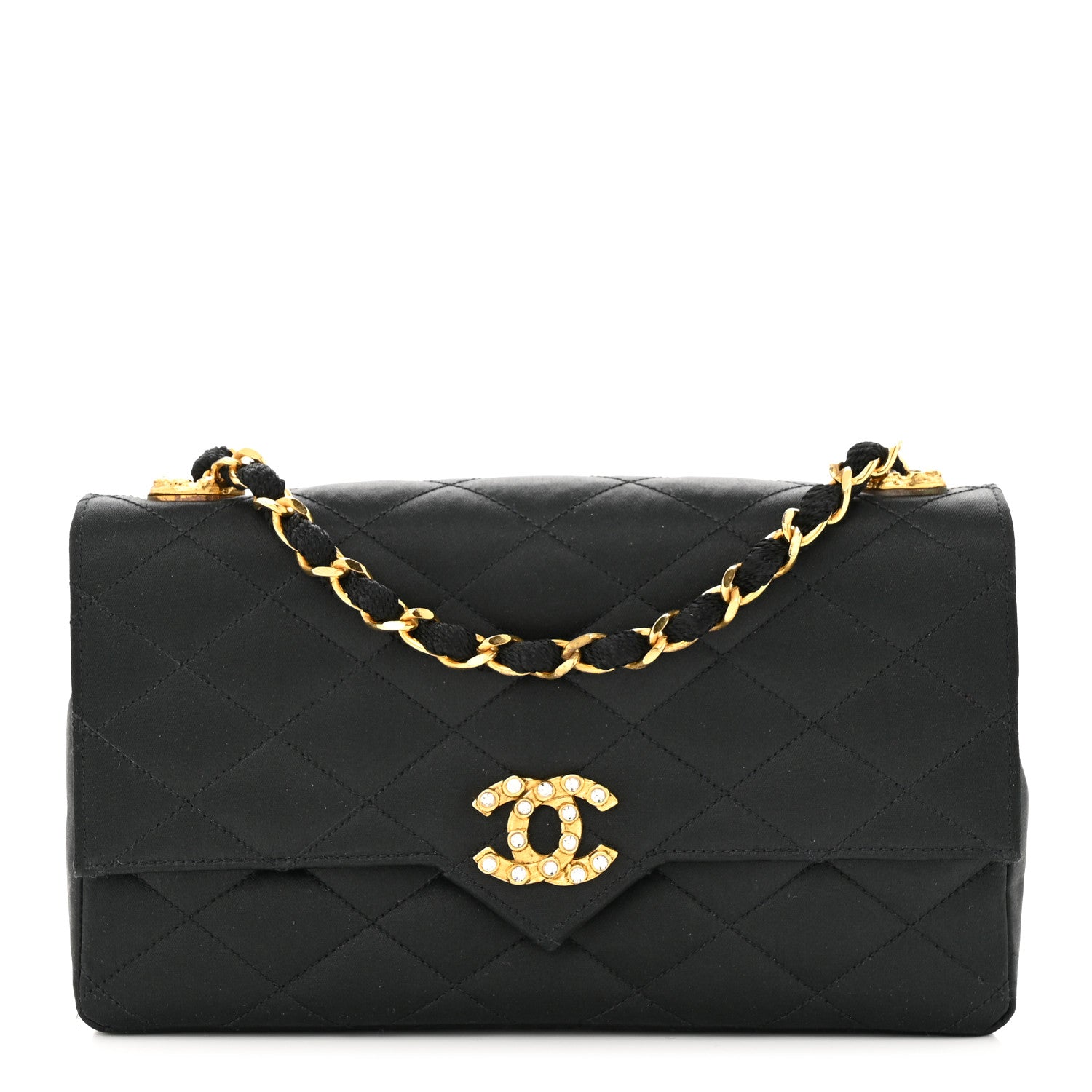 Chanel Satin Quilted Crystal CC Evening Flap Black 1 of 12