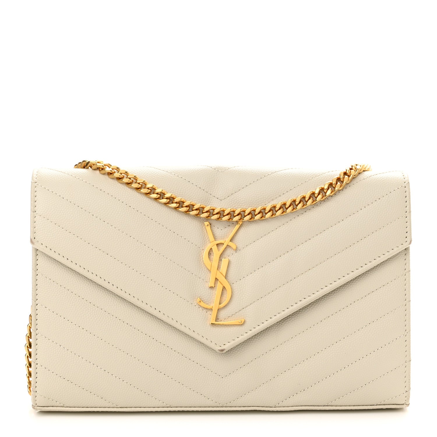 Saint Laurent Grain De Poudre Matelasse Chevron Monogram Chain Wallet Crema Soft 1 of 15