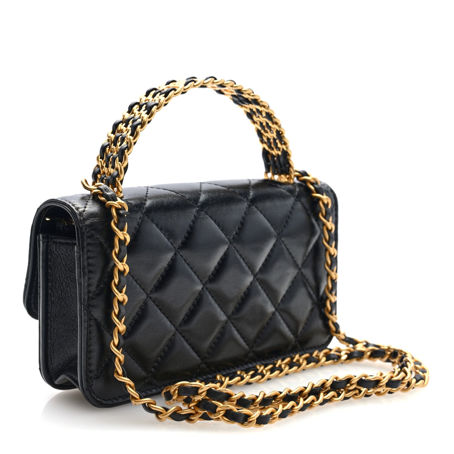 Chanel Shiny Calfskin Quilted Top Handle Flap Phone Holder With Chain Black 3 of 10