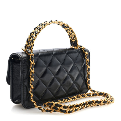 Chanel Shiny Calfskin Quilted Top Handle Flap Phone Holder With Chain Black 3 of 10
