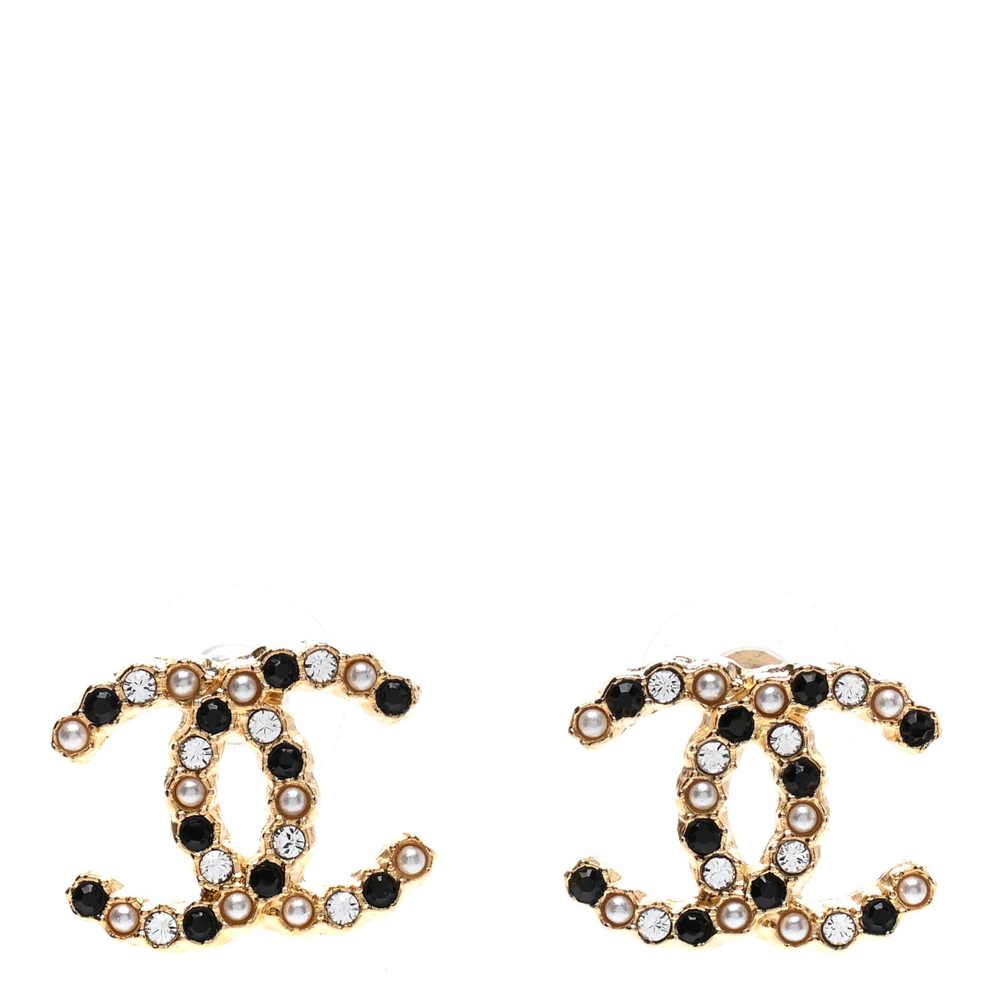Resin Pearl Crystal CC Earrings Gold Black
