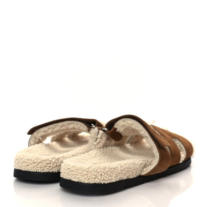 Hermes Suede Goatskin Woolskin Mens Chypre Sandals 44 Brun Fume Ecru 4 of 9