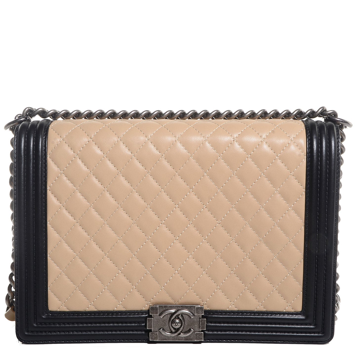 Lambskin Quilted Large Boy Flap Beige Black