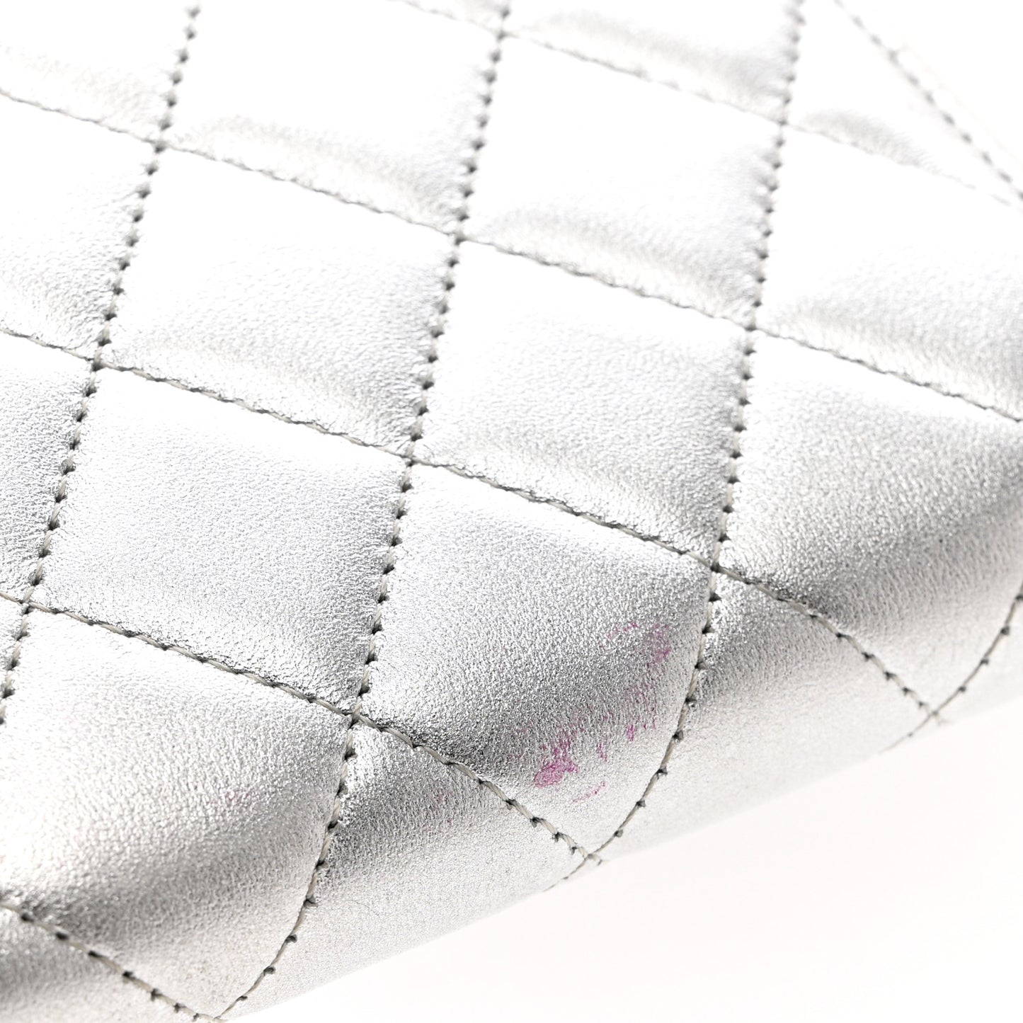 Metallic Lambskin Quilted Large Gusset Zip Around Wallet Silver