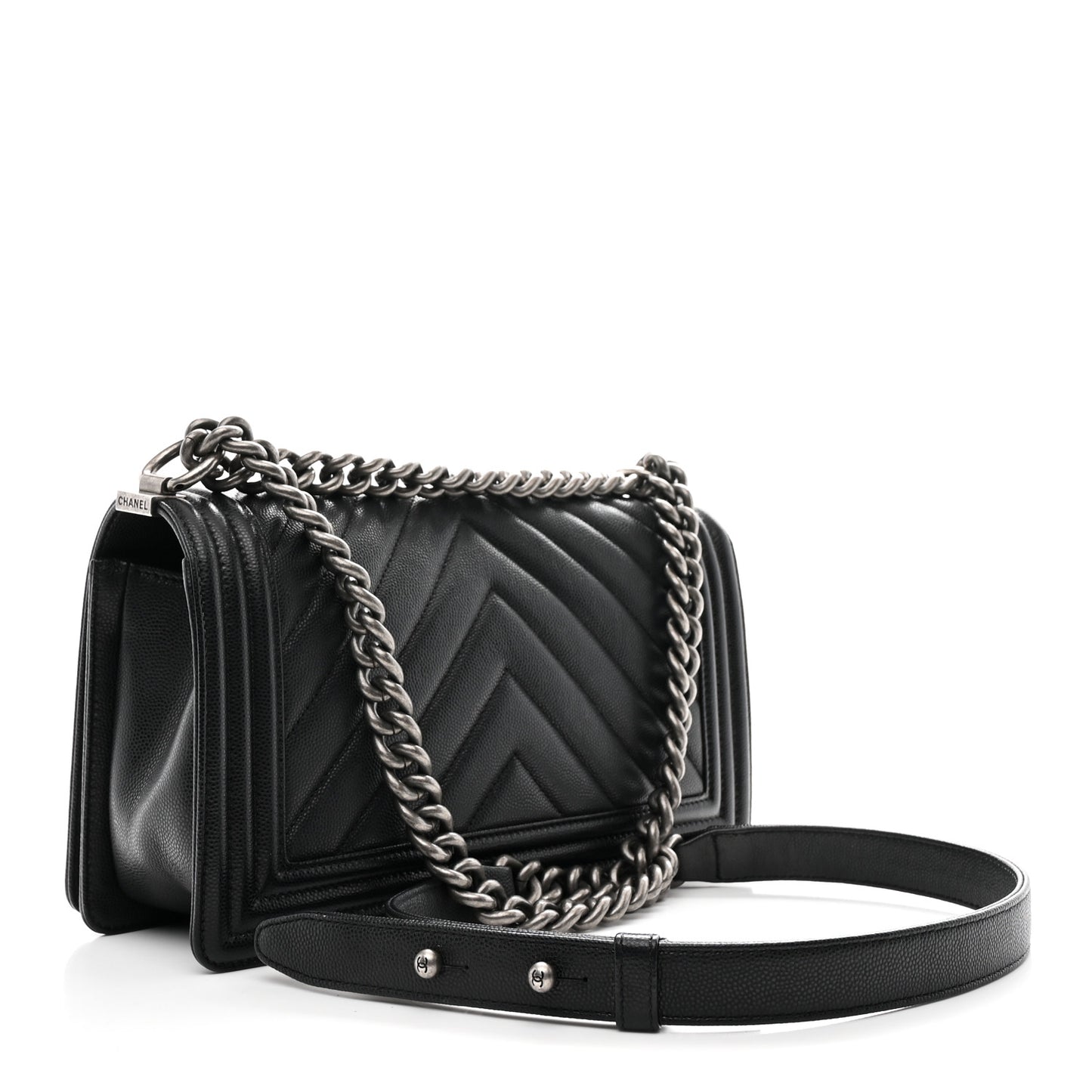 Caviar Chevron Quilted Medium Boy Flap Black