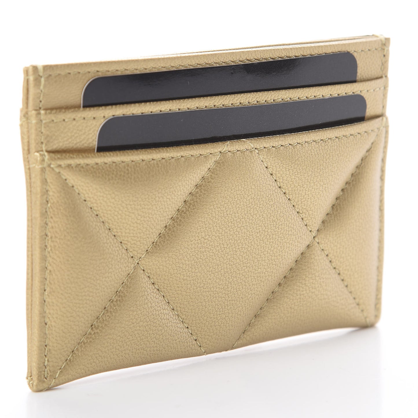 Metallic Goatskin Quilted Chanel 19 Card Holder Gold