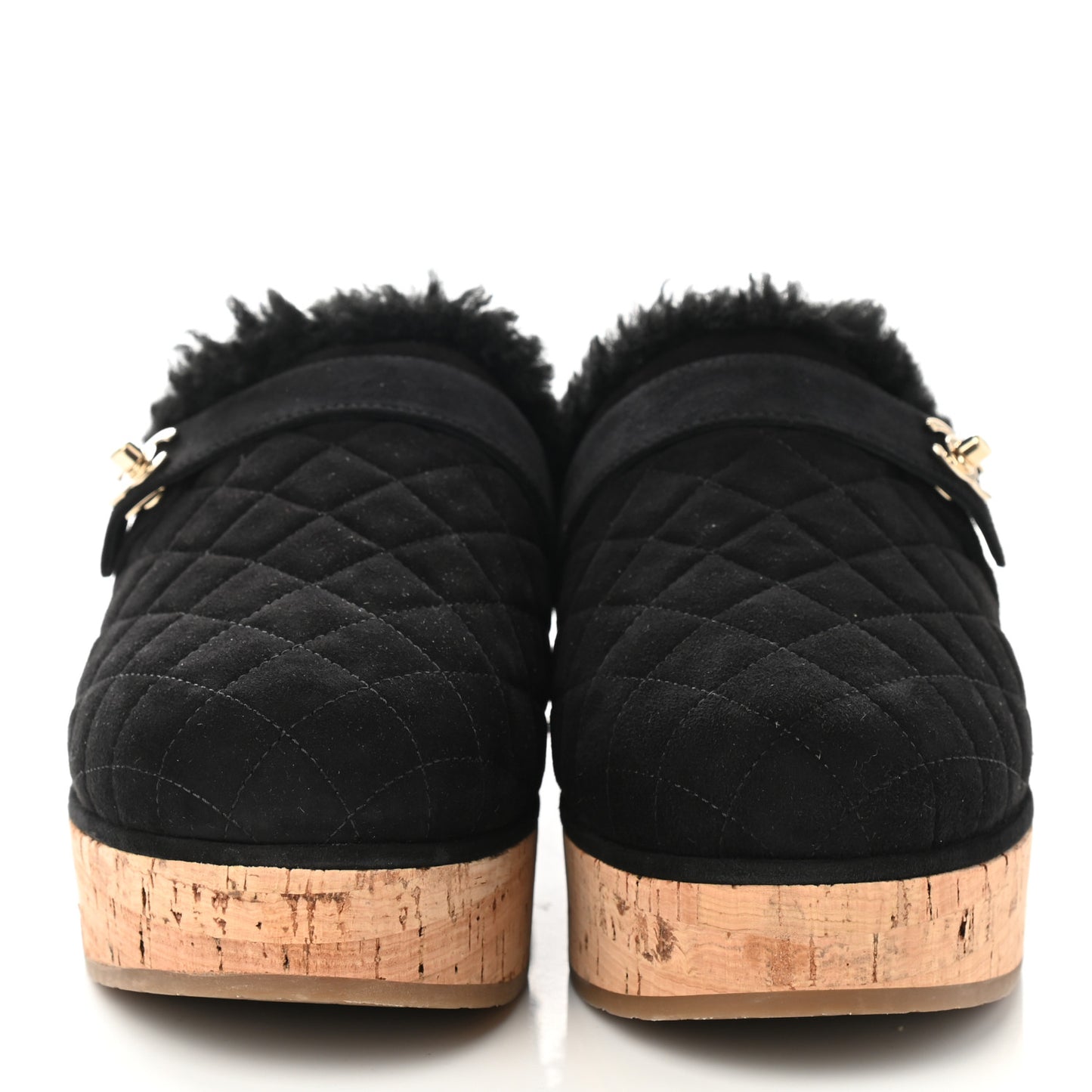 Suede Calfskin Shearling Turn Lock Clogs 39 Black
