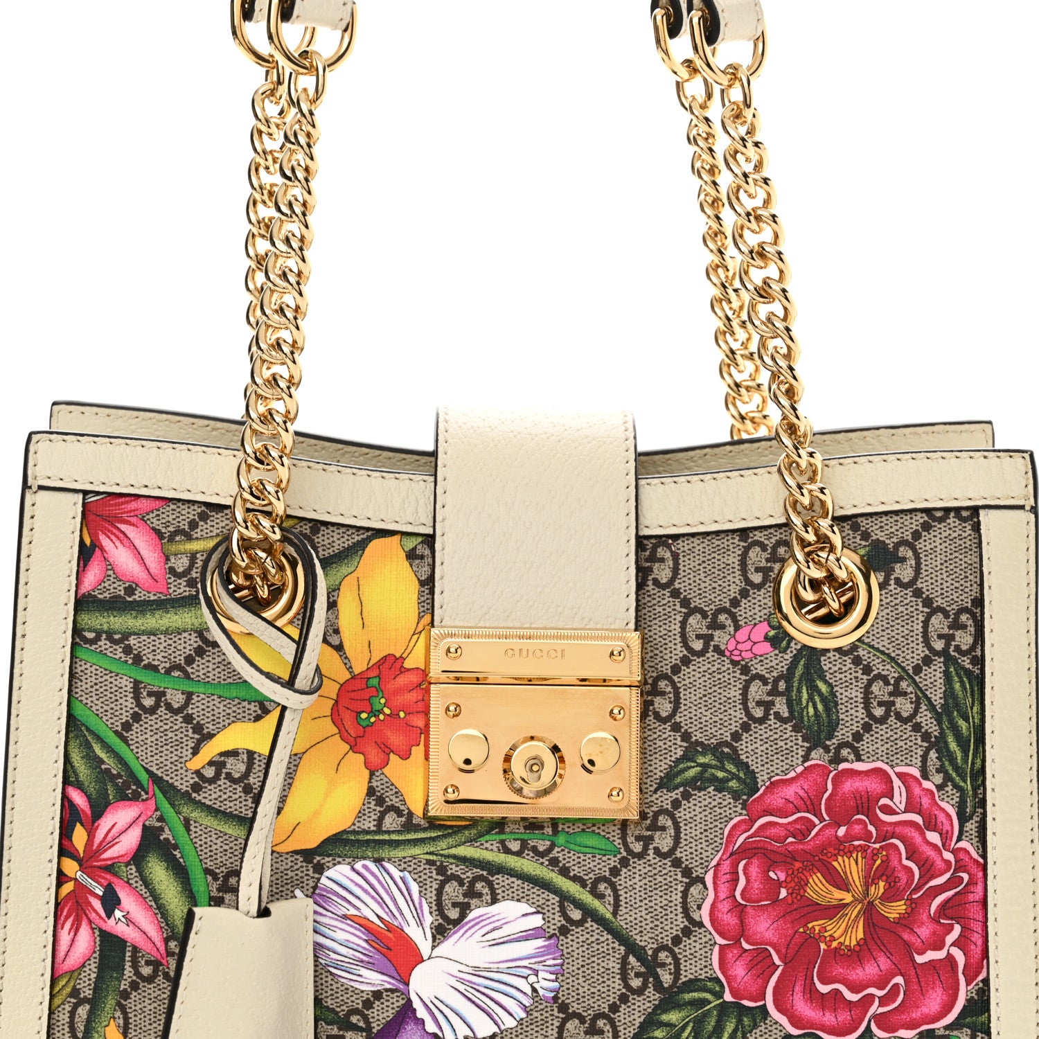 Gucci GG Supreme Monogram Flora Textured Calfskin Small Padlock Tote Beige Ebony Multicolor Mystic White 8 of 13