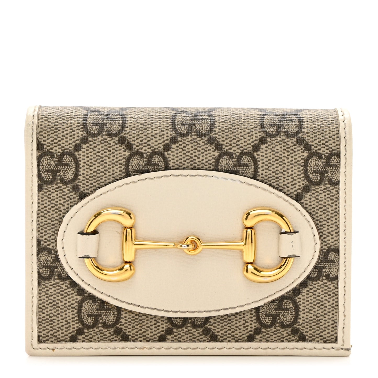 GG Supreme Monogram Azalea Calfskin Horsebit 1955 Card Case Wallet Beige Ebony Mystic White