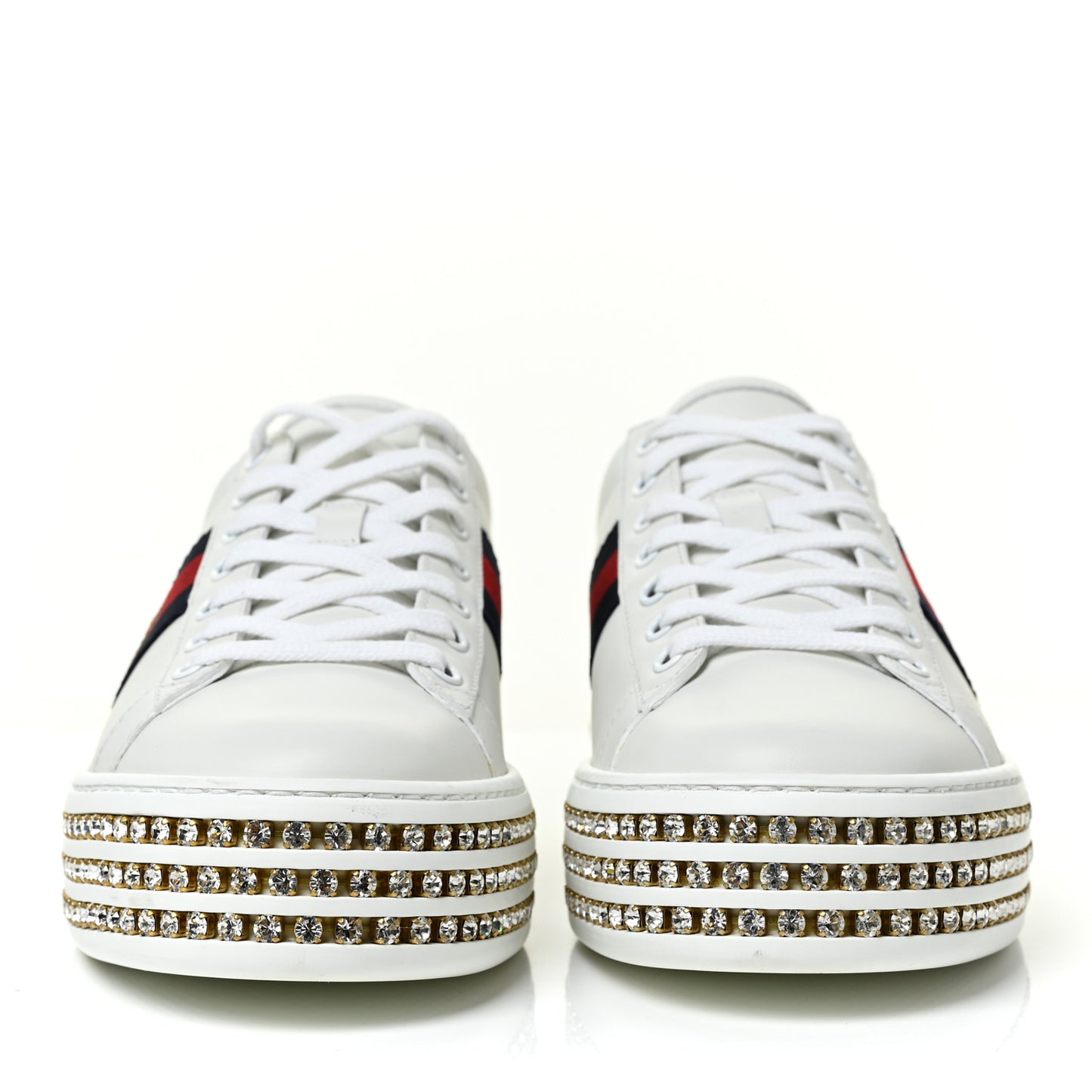 Calfskin Crystal Web Bee Embroidered Womens Ace Platform Sneakers 38.5 White