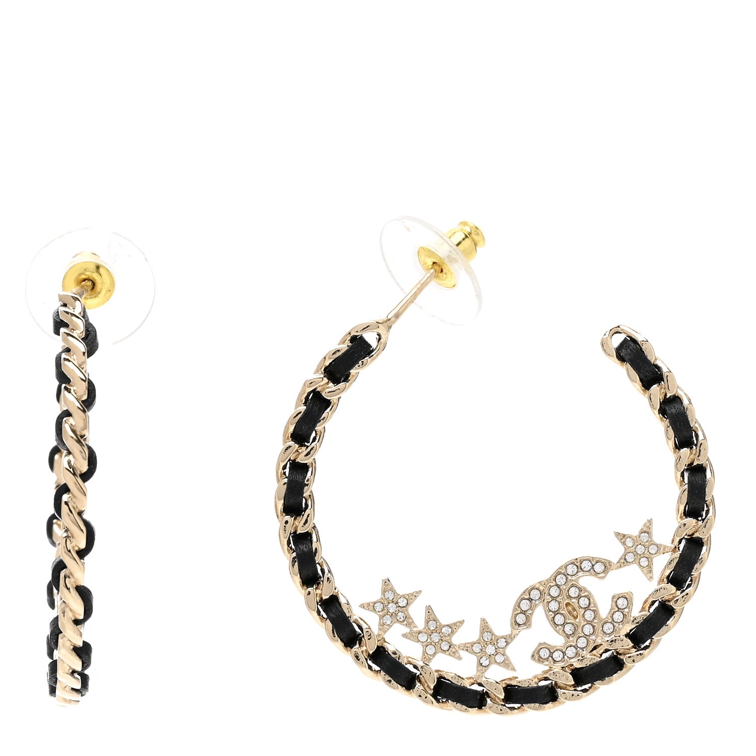 Chanel Lambskin Chain Crystal CC Star Chain Hoop Earrings Gold Black 1 of 5