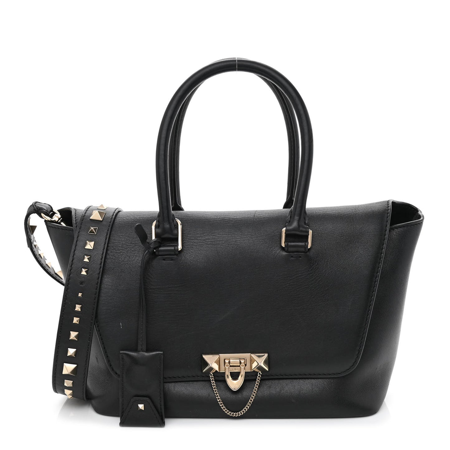 Calfskin Small Rockstud Demilune Double Handle Satchel Black