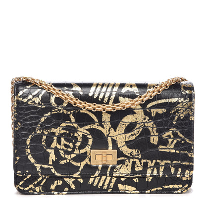 Chanel Calfskin Crocodile Embossed Graffiti 2.55 Cocodile Reissue Wallet On Chain WOC Black Gold 1 of 11