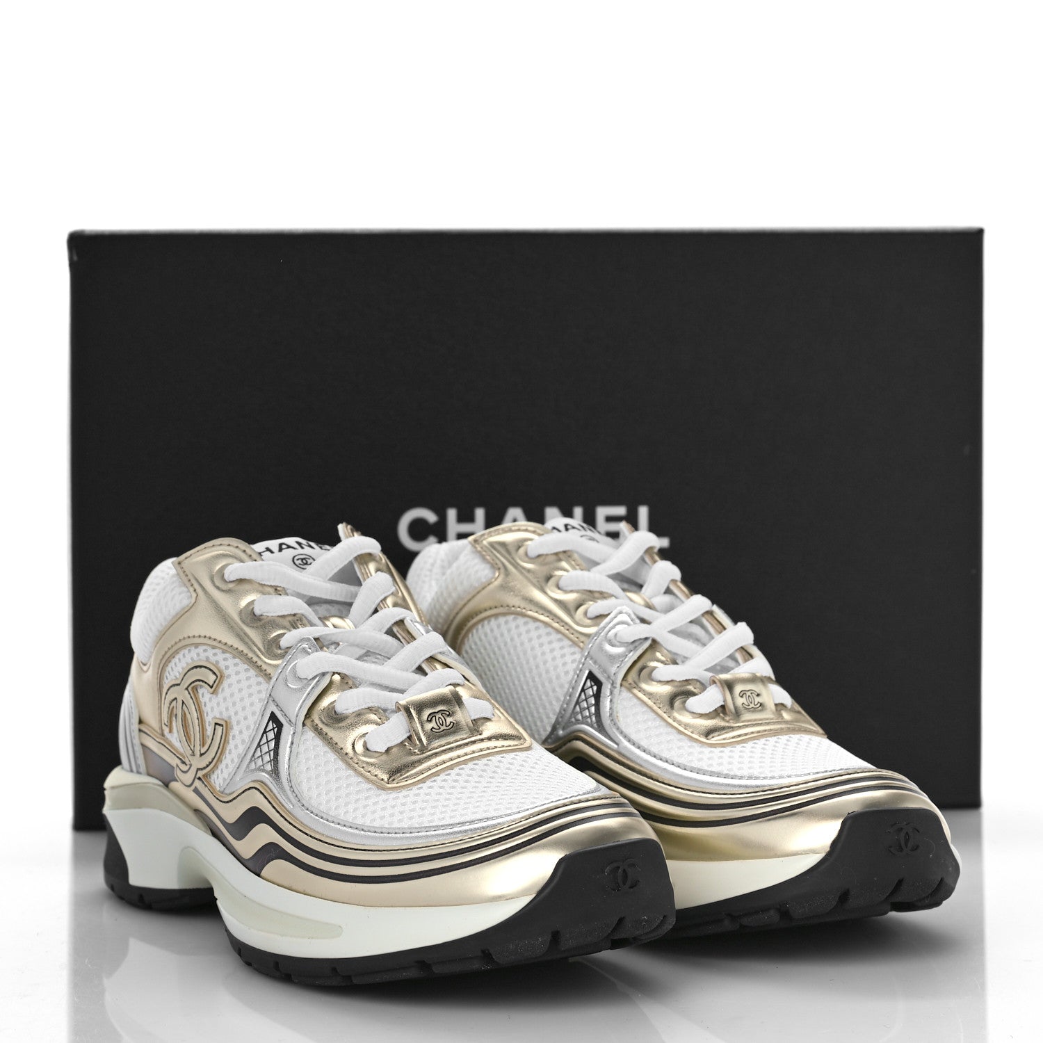 Chanel Fabric Laminated Calfskin CC Sneakers 37 White Gold Silver 10 of 10