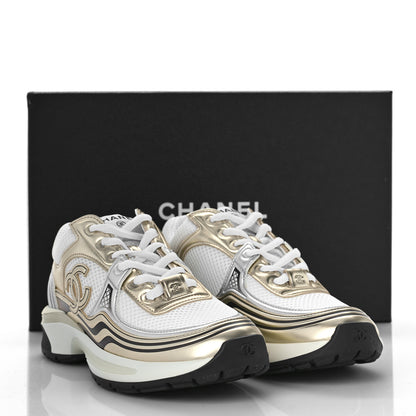 Chanel Fabric Laminated Calfskin CC Sneakers 37 White Gold Silver 10 of 10