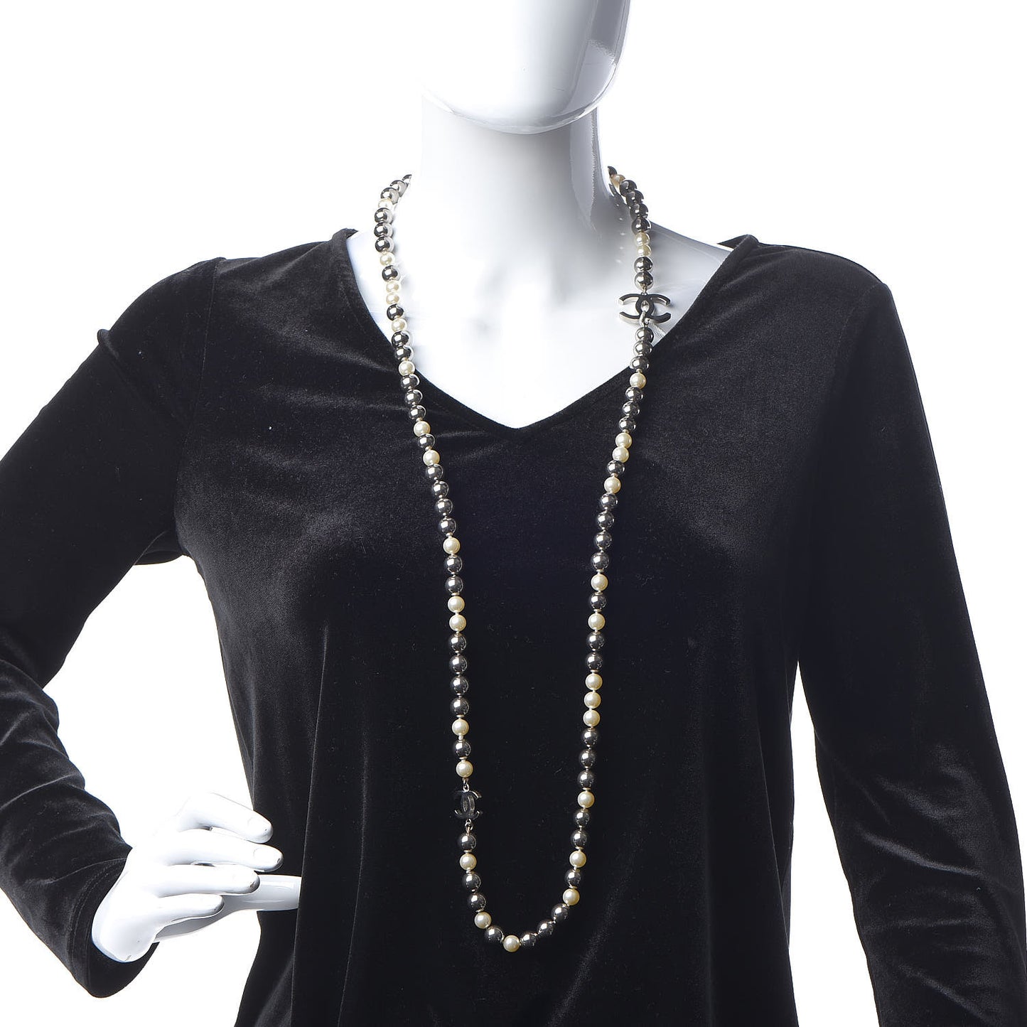 Pearl Beaded CC Long Necklace Silver