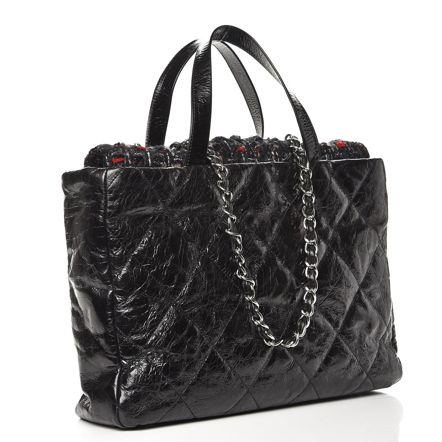 Glazed Calfskin Quilted Tweed Portobello Tote Black Red