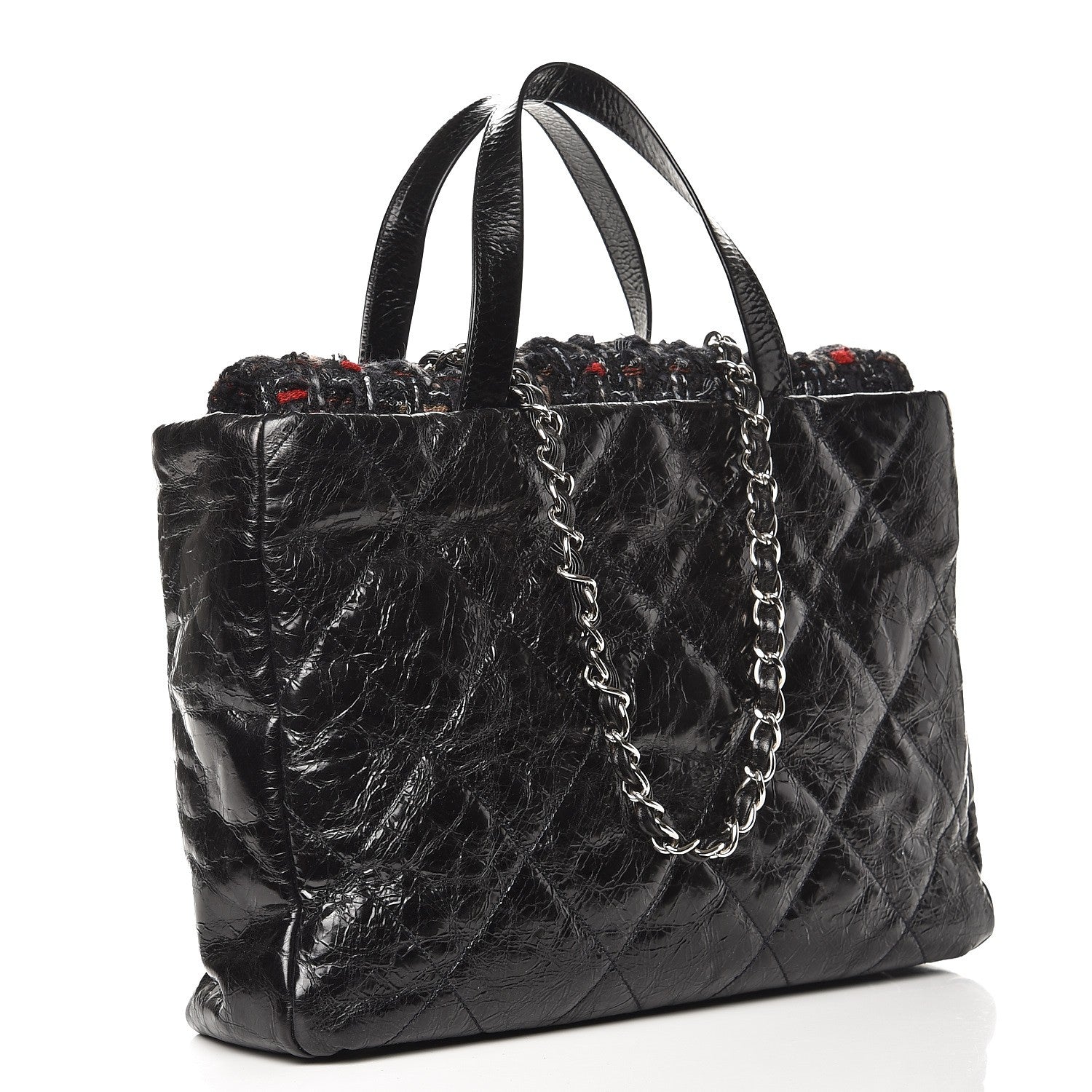 Chanel Glazed Calfskin Quilted Tweed Portobello Tote Black Red 3 of 7