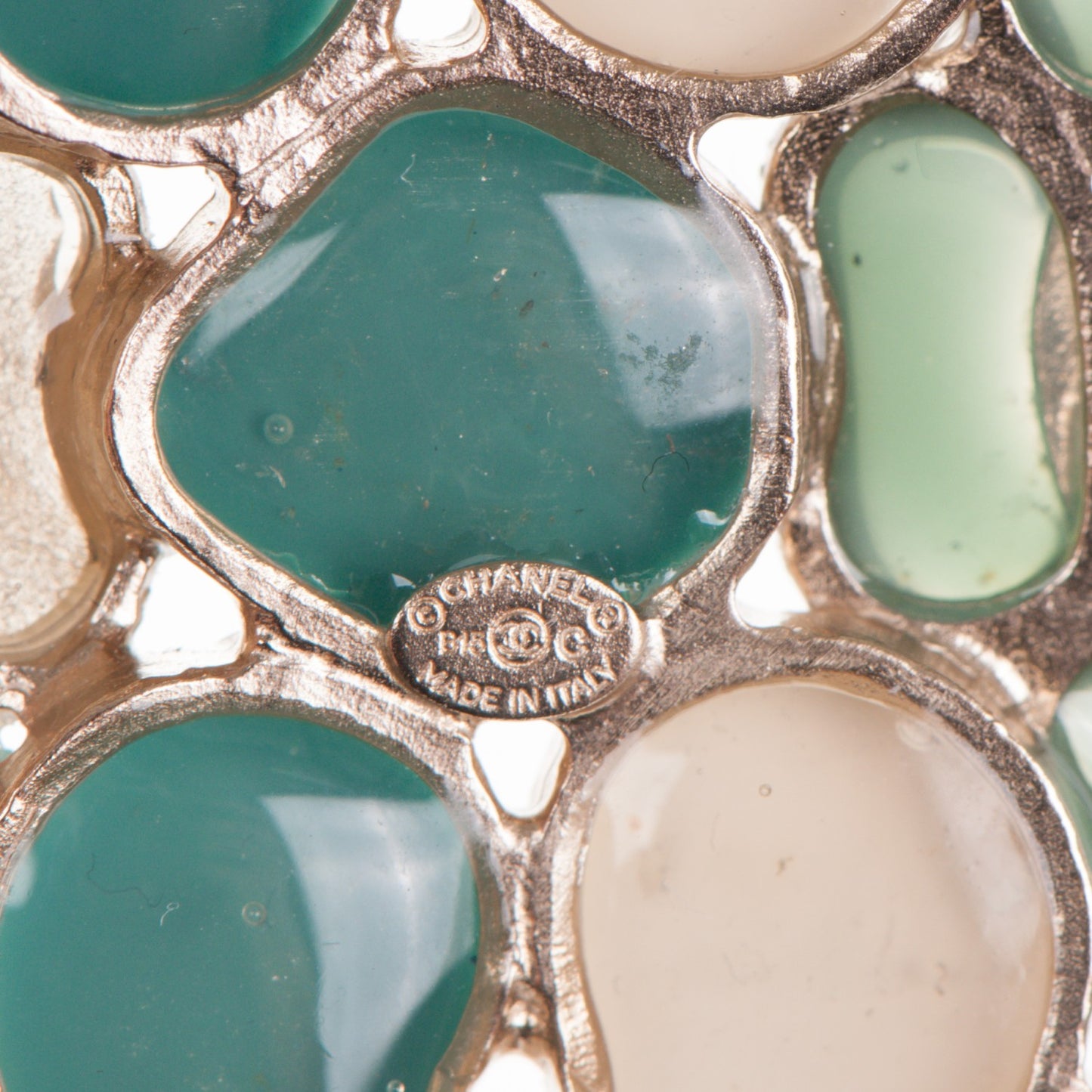 Gripoix Poured Glass CC Brooch White Green