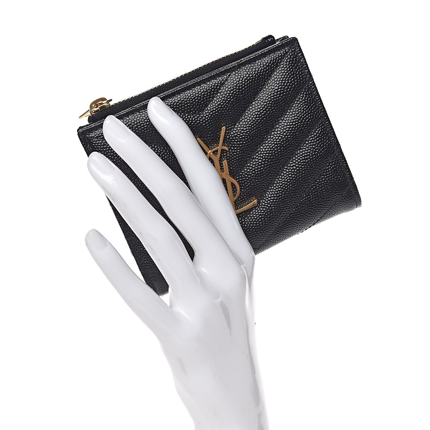 Saint Laurent Grain De Poudre Matelasse Chevron Monogram Zipped Card Case Black 2 of 8