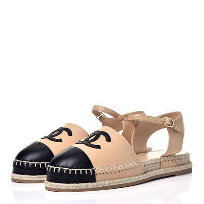 Chanel Lambskin Cap Toe CC Espadrille Sandals 40 Beige Black 3 of 10