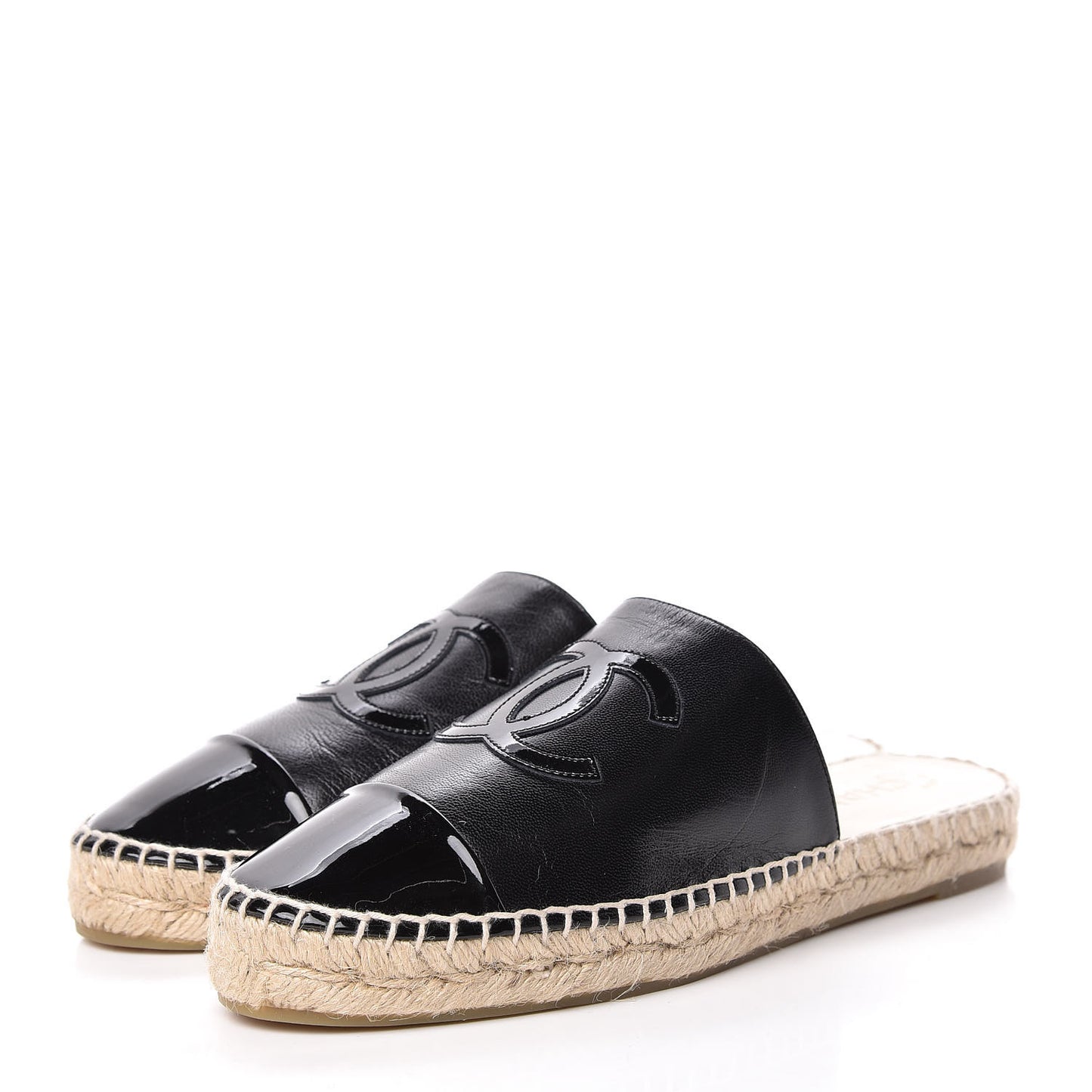 Iridescent Goatskin Patent CC Espadrille Mules 39 Black