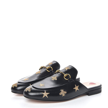 Gucci Goatskin Bee Star Embroidered Womens Princetown Slippers 37 Black 3 of 9