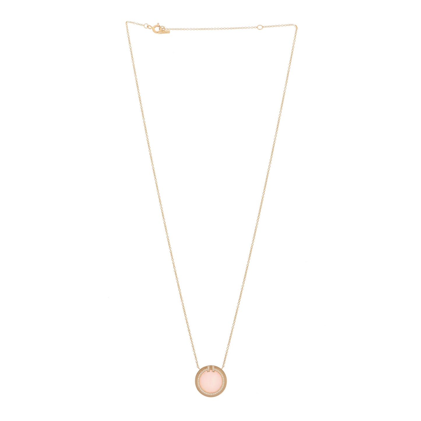 18K Rose Gold Diamond Pink Opal T Circle Pendant Necklace